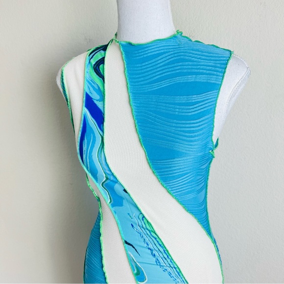 Asymmetrical Blue & Cream Marble Contrast Stitching Bodycon Mini Dress - Picture 3 of 4